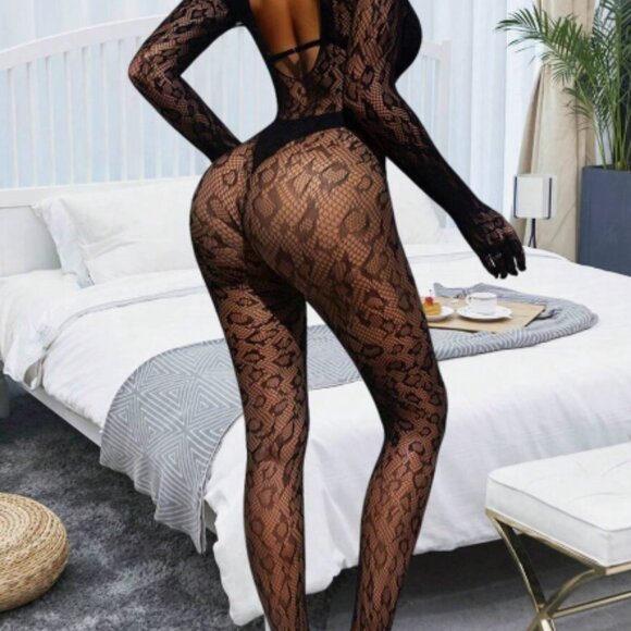 Black Leopard Pattern Long-Sleeve Full Body Fishnet Bodysuit - Picture 2 of 10